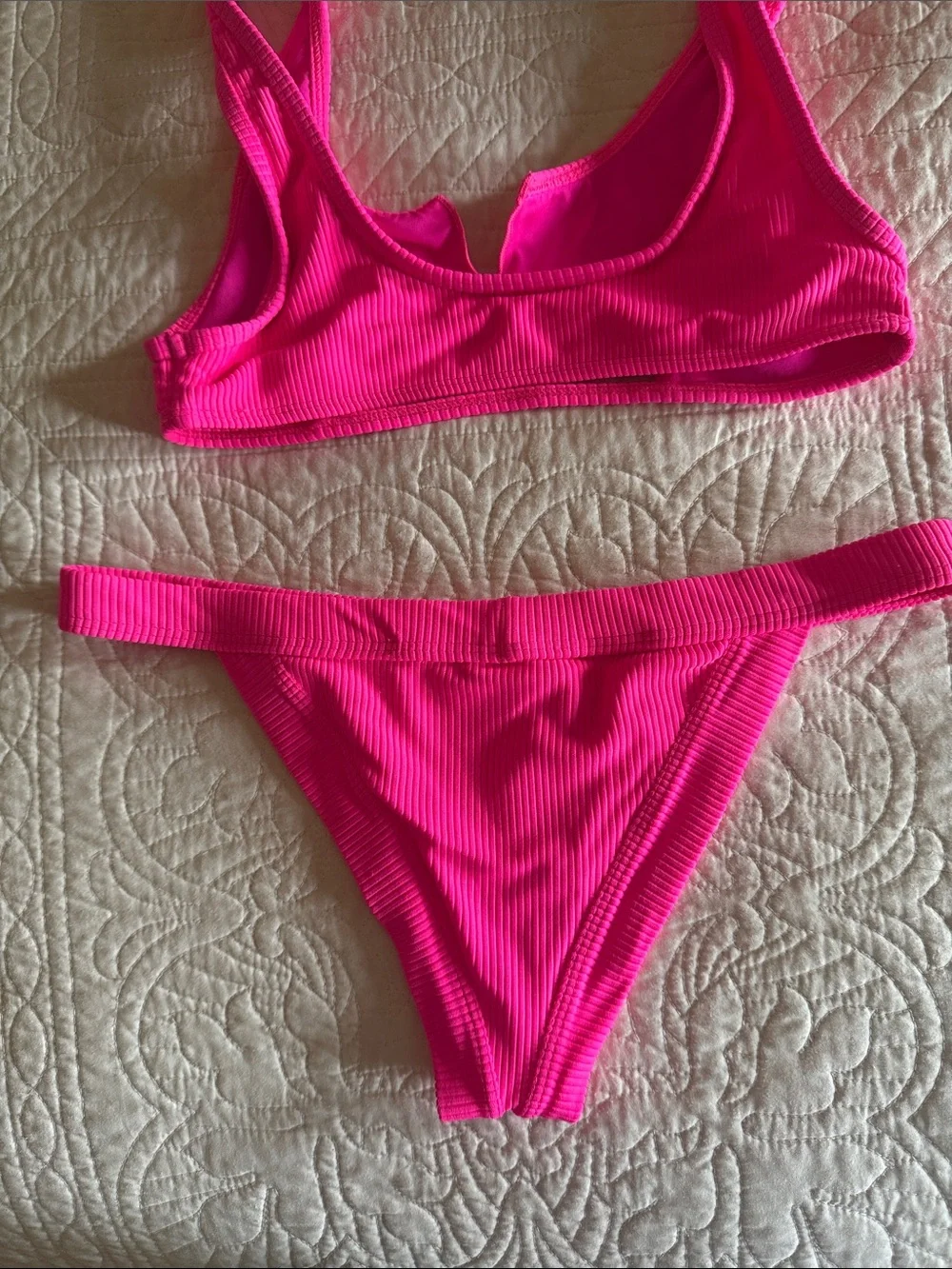 Frankie’s Hot Pink Ribbed Bikini Set - Bottoms L and top M.